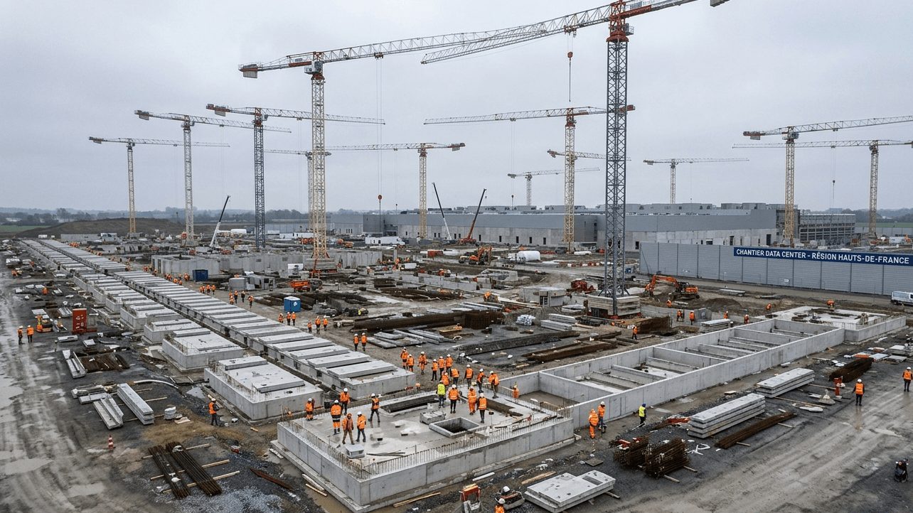 vast data center construction site in northern France, rows of server hall foundations, cranes against an overcast sky, workers in hi-vis, wide architectural photography