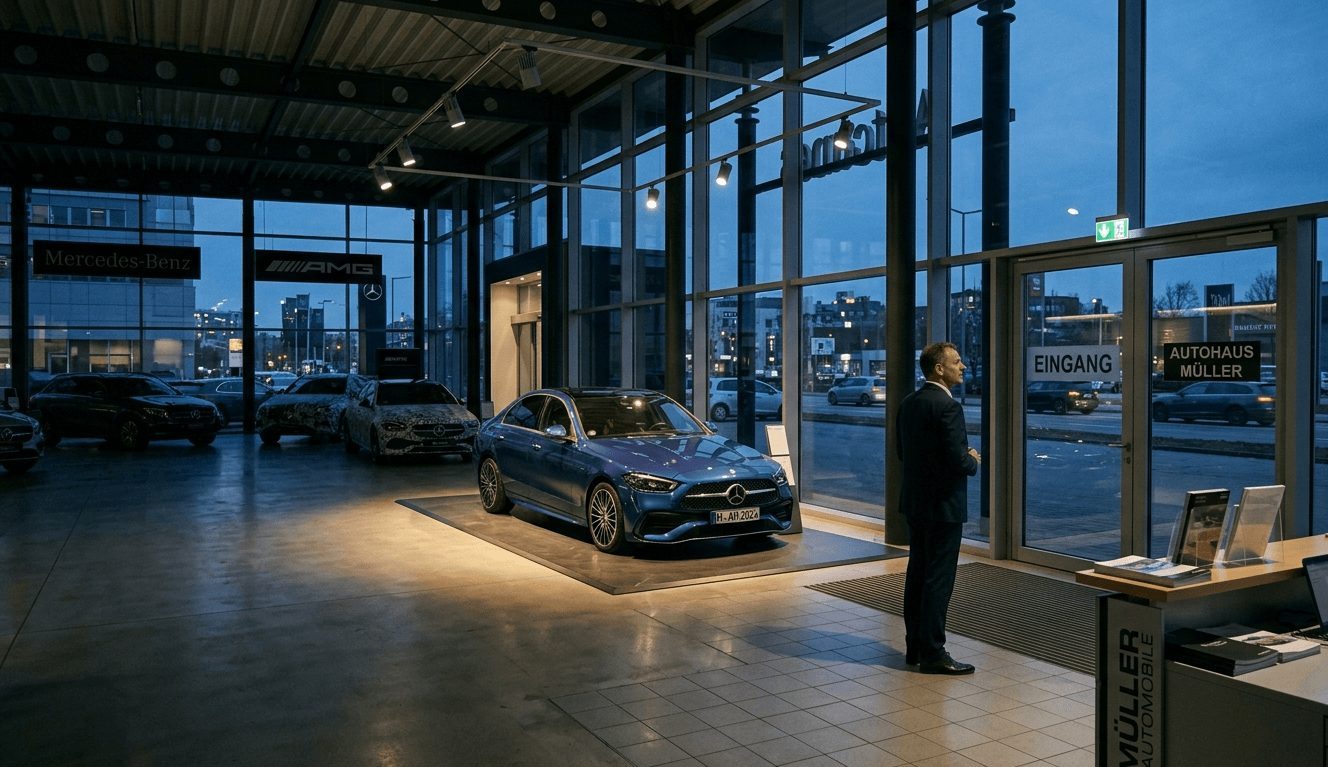 wide shot of a half-empty German car showroom at dusk, a lone polished petrol sedan under a spotlight, salesman watching the empty doorway, muted cool light, photojournalistic style