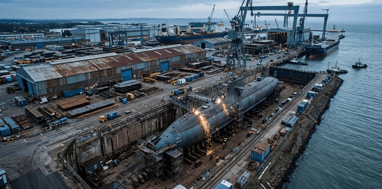 aerial view of a sprawling German shipyard at dawn, submarine hull under construction in dry dock, sparks from welders, cold grey sea light, documentary photography